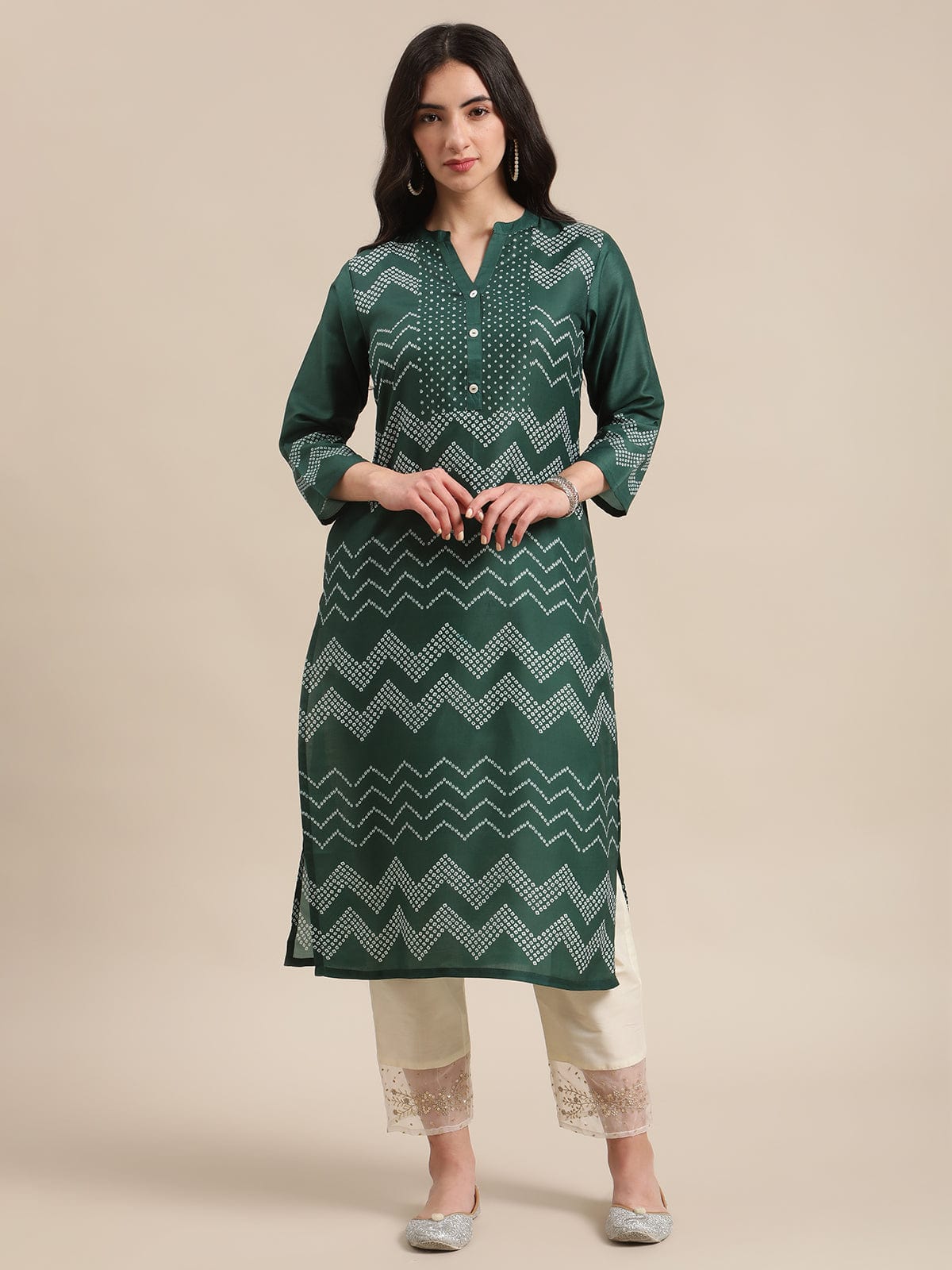 Women's Green And Bandhej Mandarin Collar Straight Kurta - Varanga