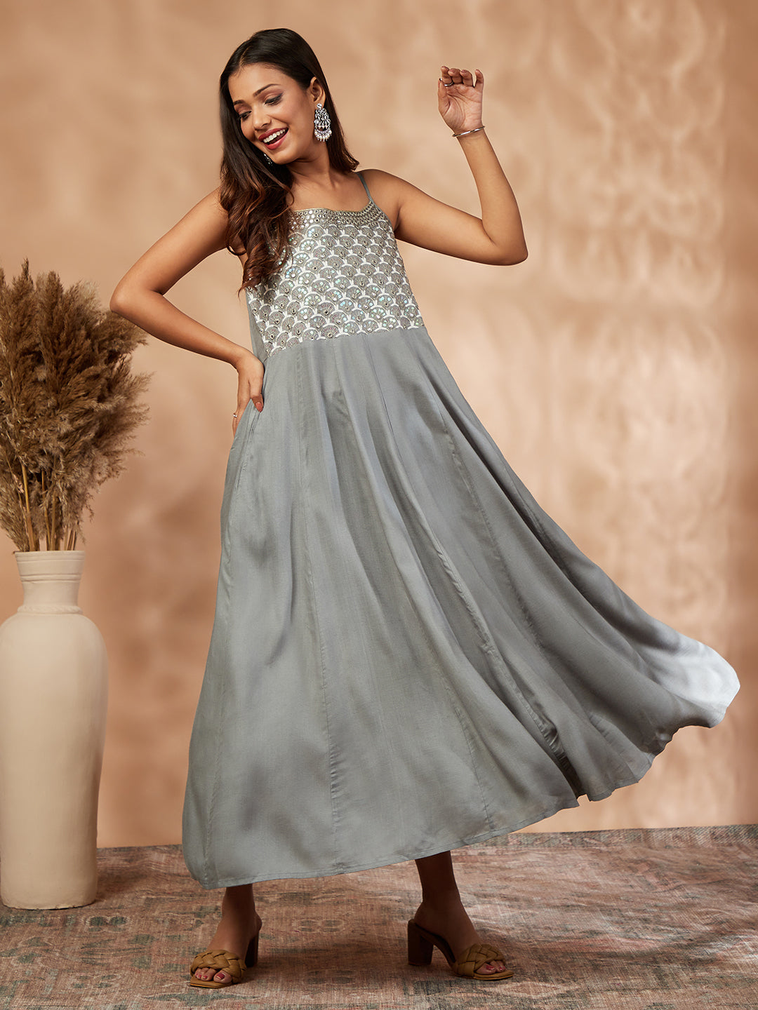 Women's Grey Embellished Flared Dress - IMARA
