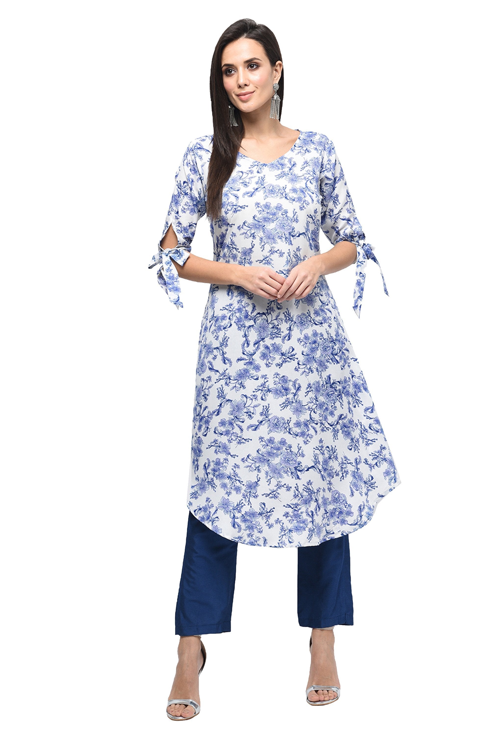 Women's Blue Polyester Printed 3/4 Sleeve Round Neck Kurta Only - Myshka