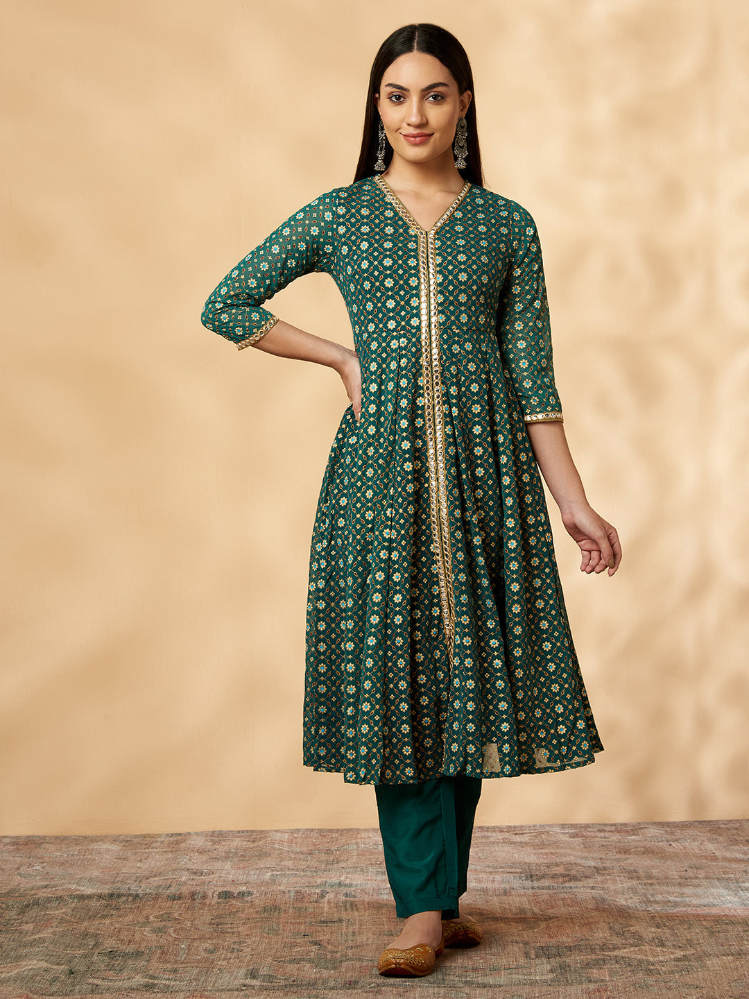 Women's Green Printed Kalidar Kurta Set - IMARA