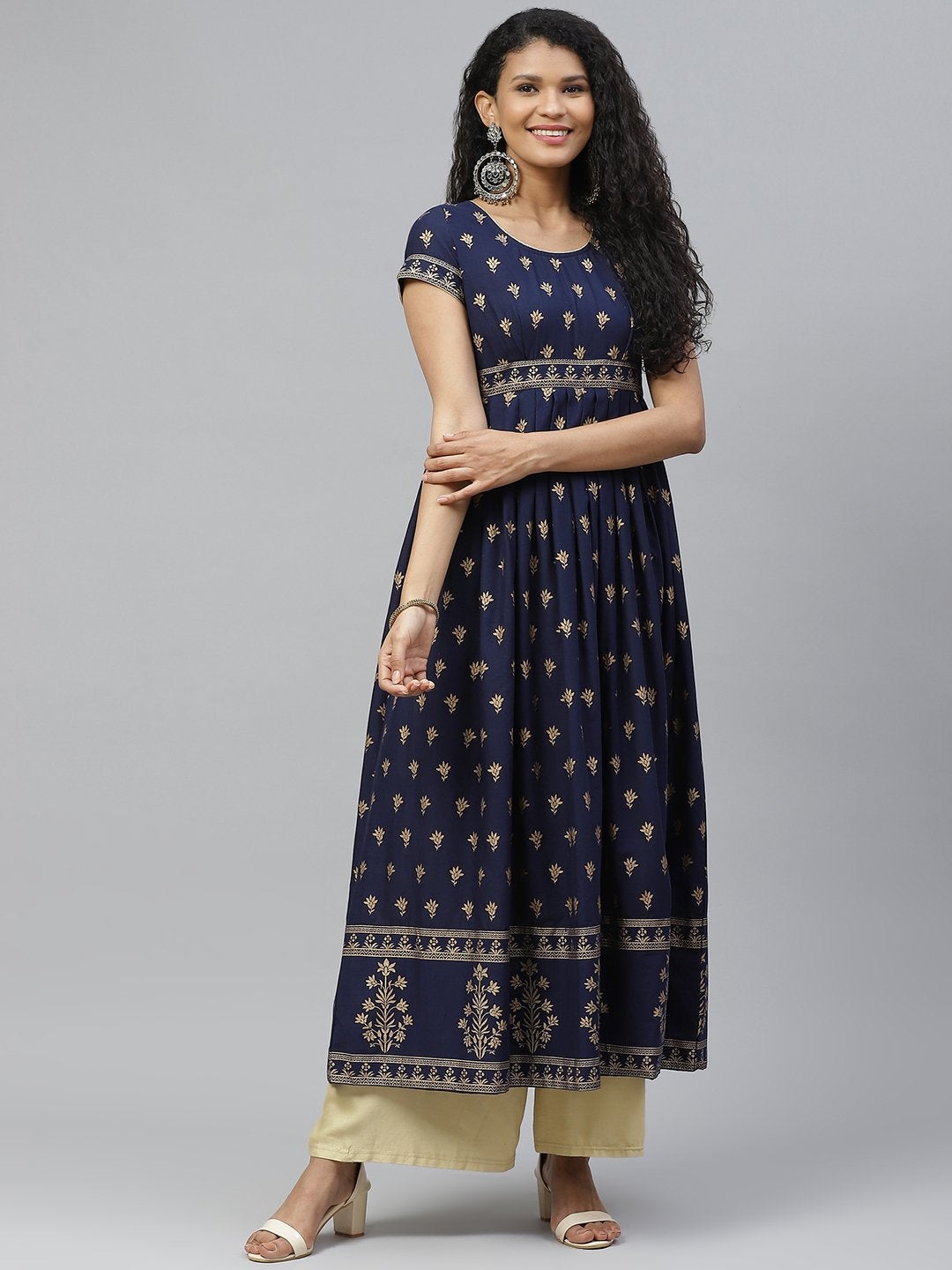 Women's Golden Print Blue Stylish Cotton Anarkali Kurta - Poshak Hub
