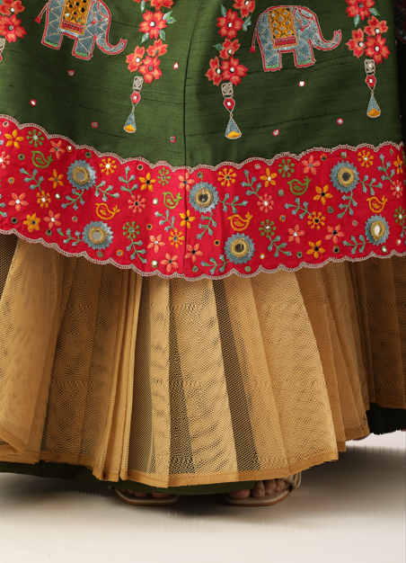 Women's Olive Pure Silk Thread & Mirror Work Lehenga & Blouse With Dupatta - Royal Dwells
