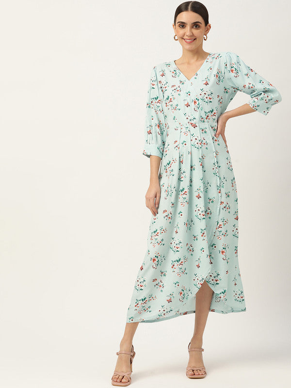 Women's Blue Red Floral Midi Dress With Belt