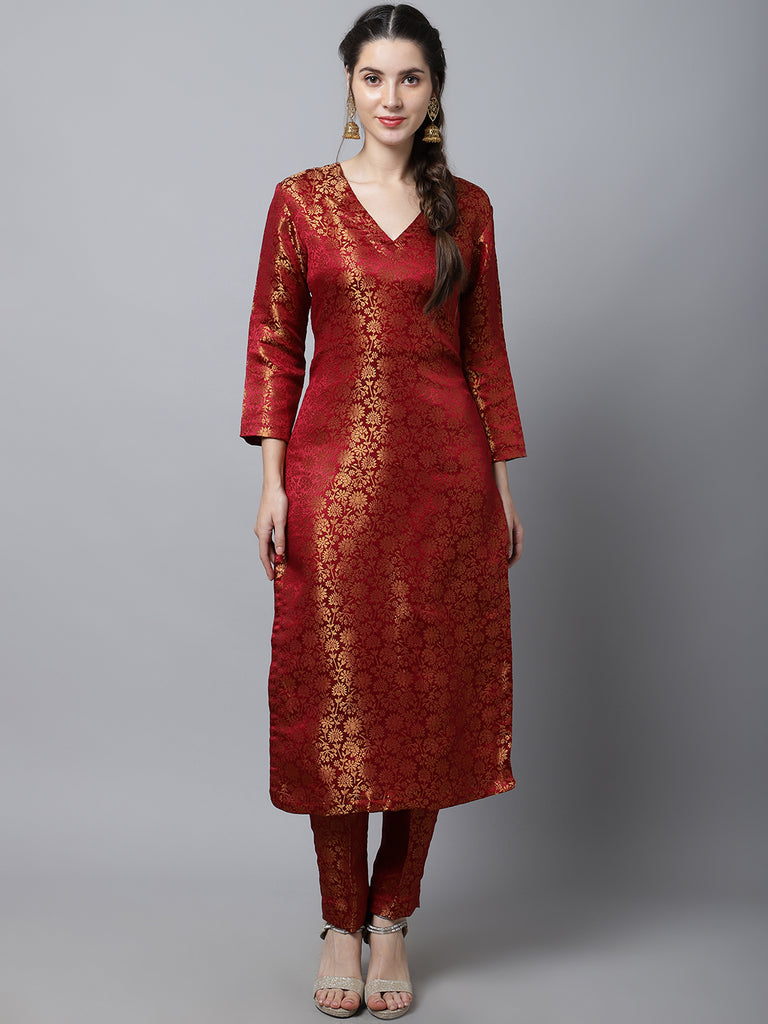 Women's Maroon Brocade Straight Kurti With Straight Pants