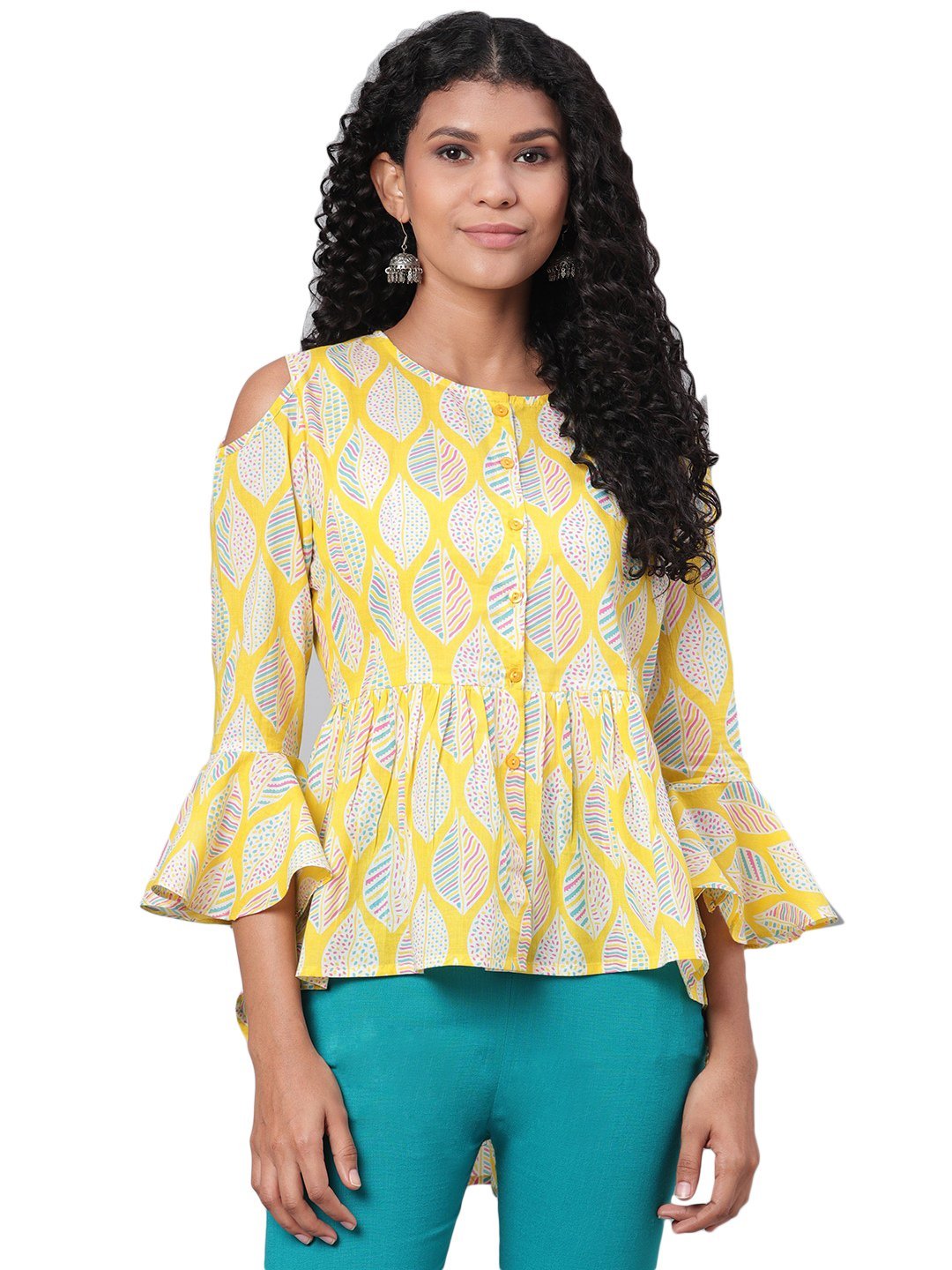 Women's Yellow Printed 3/4 Sleeve Round Neck Cotton Casual Top - Myshka
