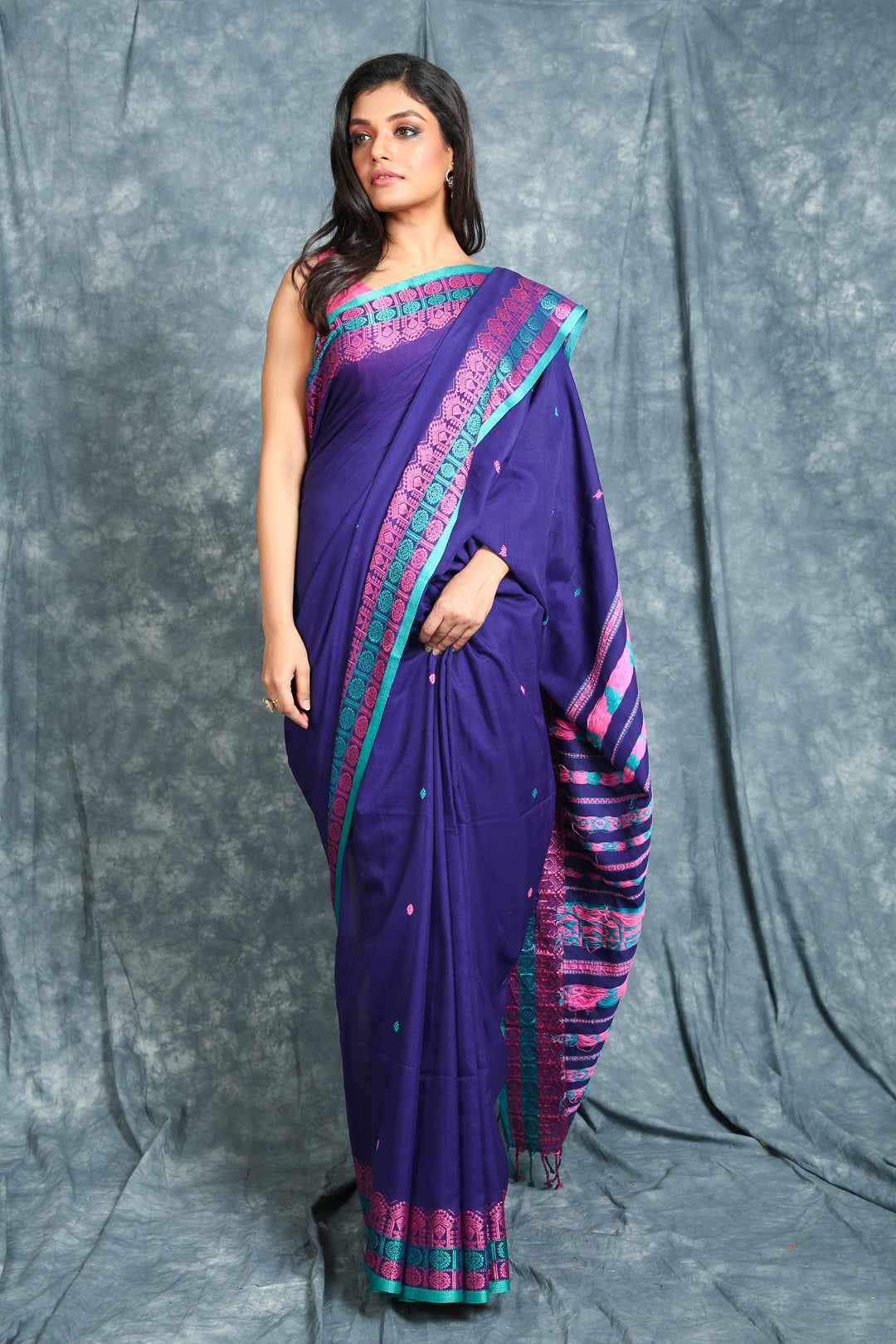 Women's Deep Blue Pure Cotton Handloom Saree With Multicolor Thread Worked Border And Pallu - In Weave Sarees