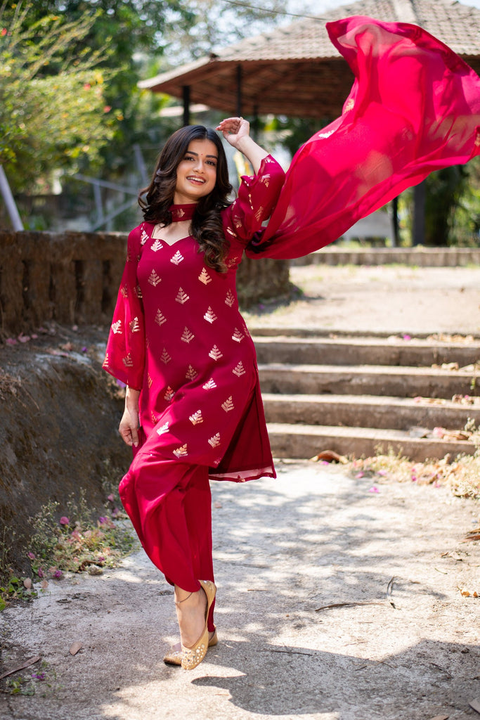 Women's Cherry Red Sequin Patialla