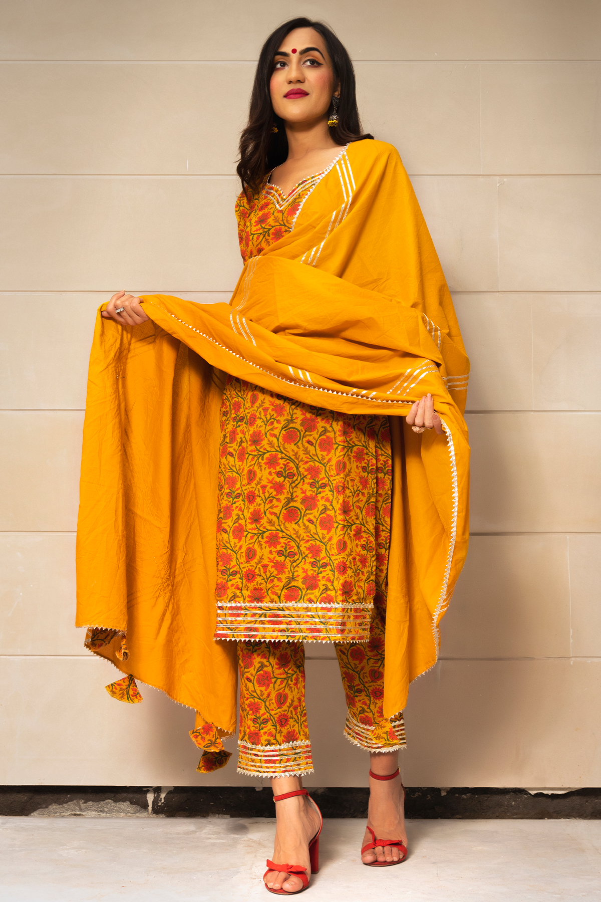Women's mustard yellow hand block print kurta set - Pomcha Jaipur