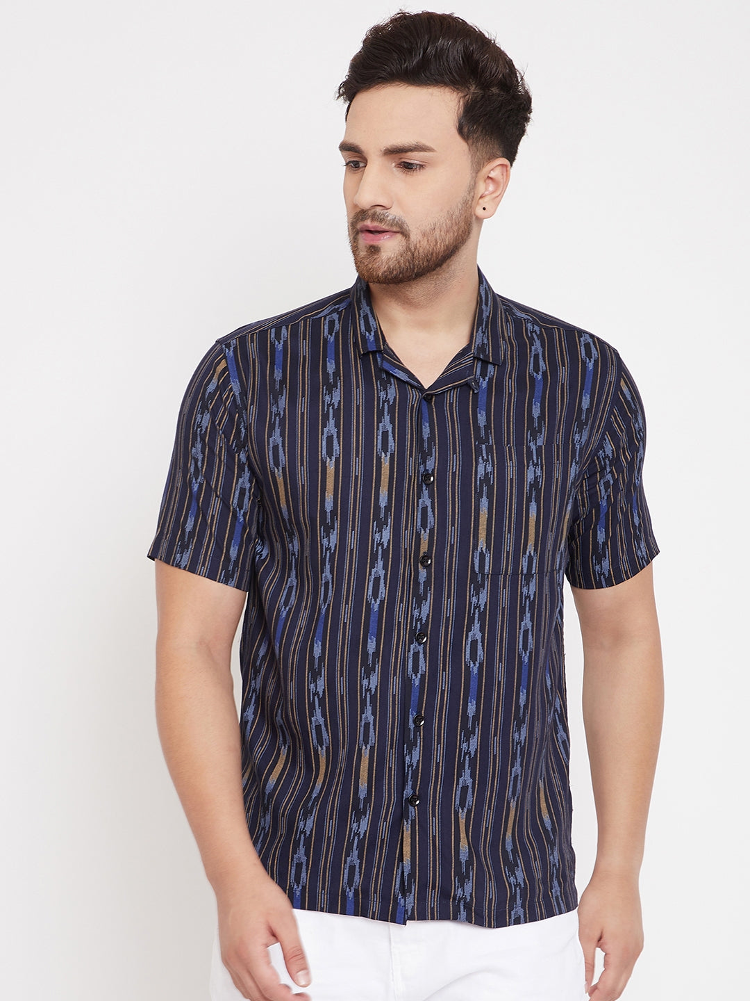 Men's Navy Blue Cuban Collar Shirt