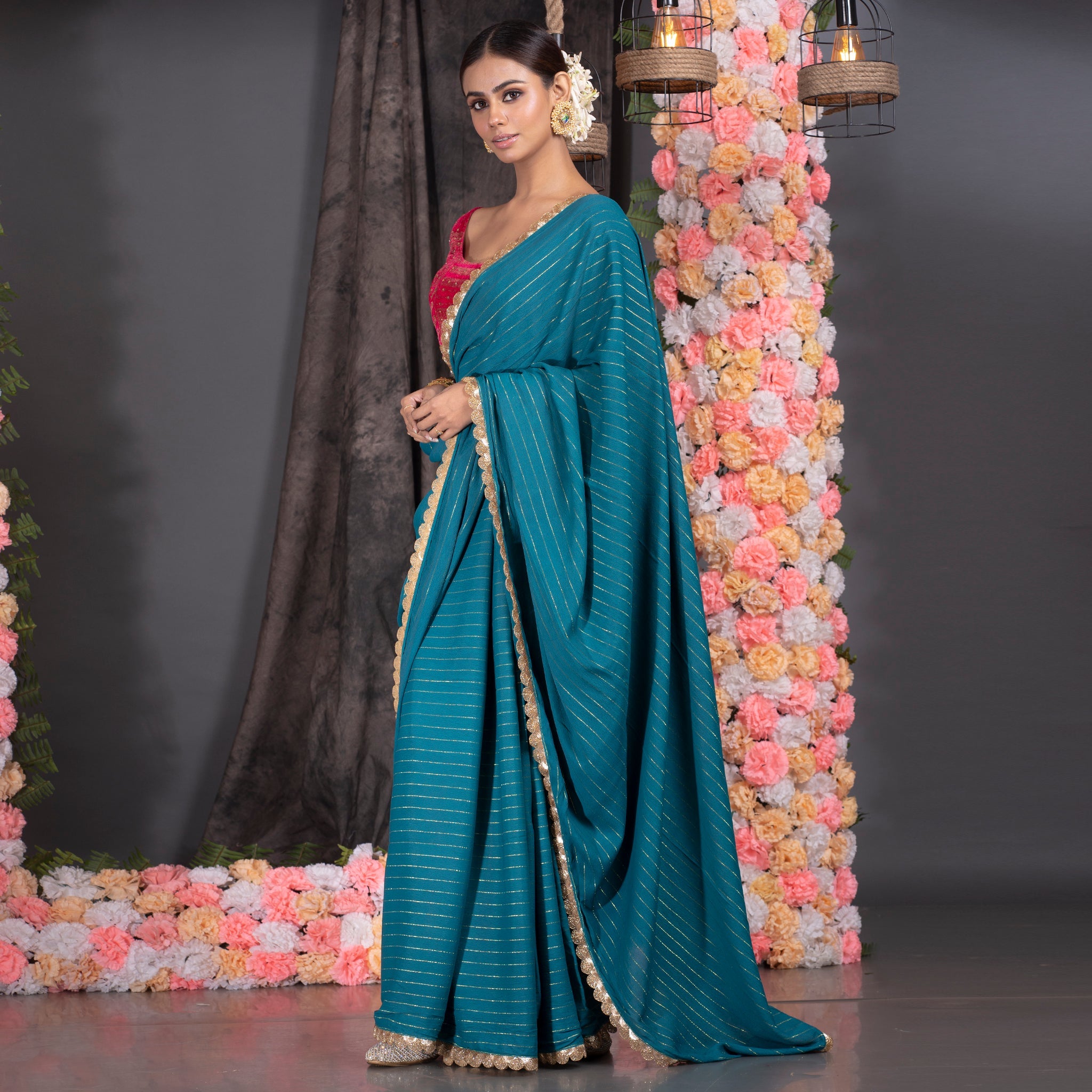 Women's Teal Blue Georgette Saree With Lurex Gold Stripes And Scallop Embroidered Border - Boveee