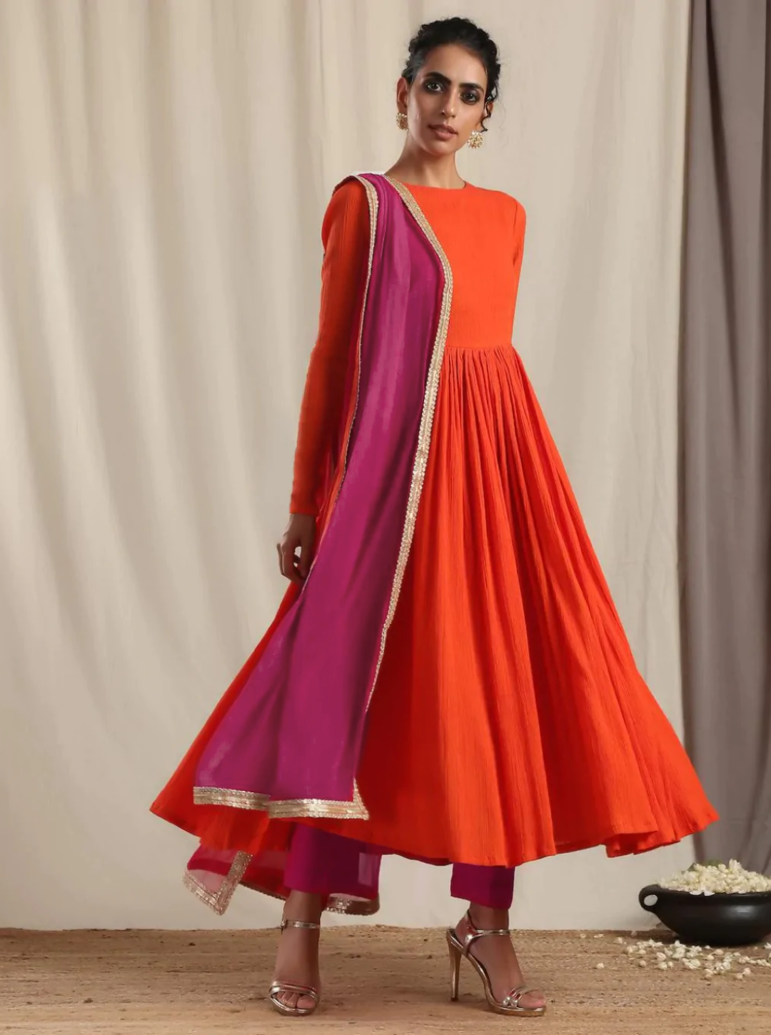 Women's Orange Crinkle Flared Kurta Pant Dupatta Set