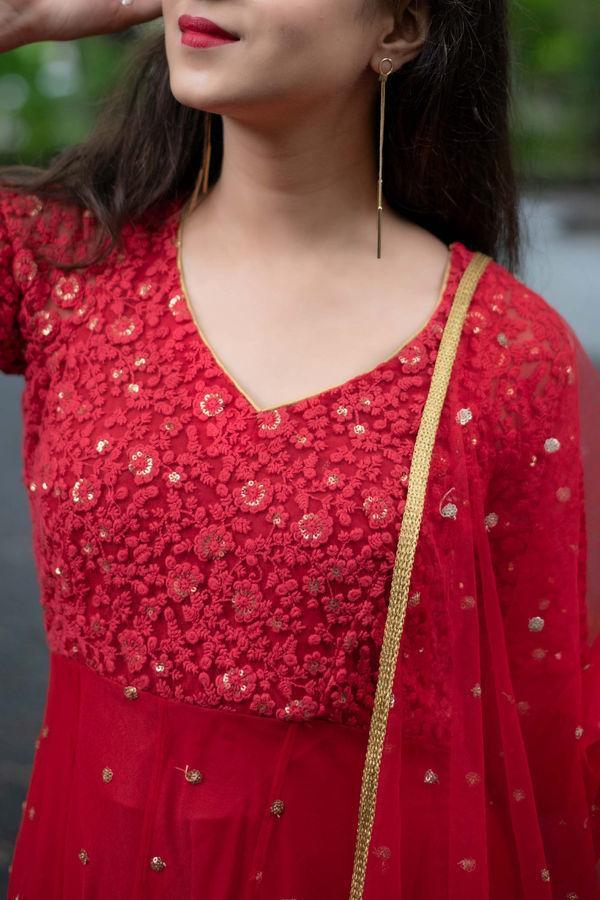 Women's Red Thread Work Anarkali Set (3pcs set) - Label Shaurya Sanadhya