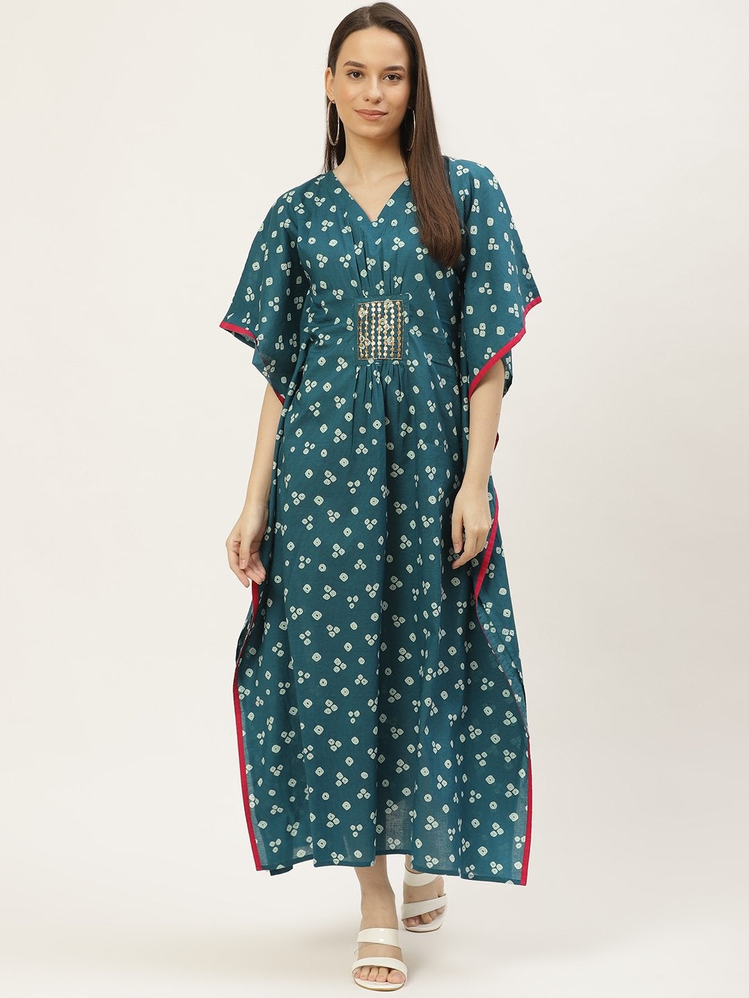 Women's Blue Printed & Embroided Kaftan Dress (1pc) - Maaesa