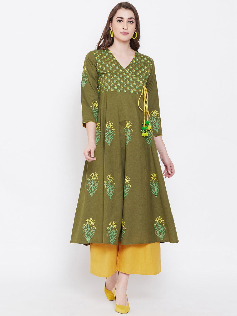 Buy Women's Block Print Anarkali Kurta BitterLime Online at Best