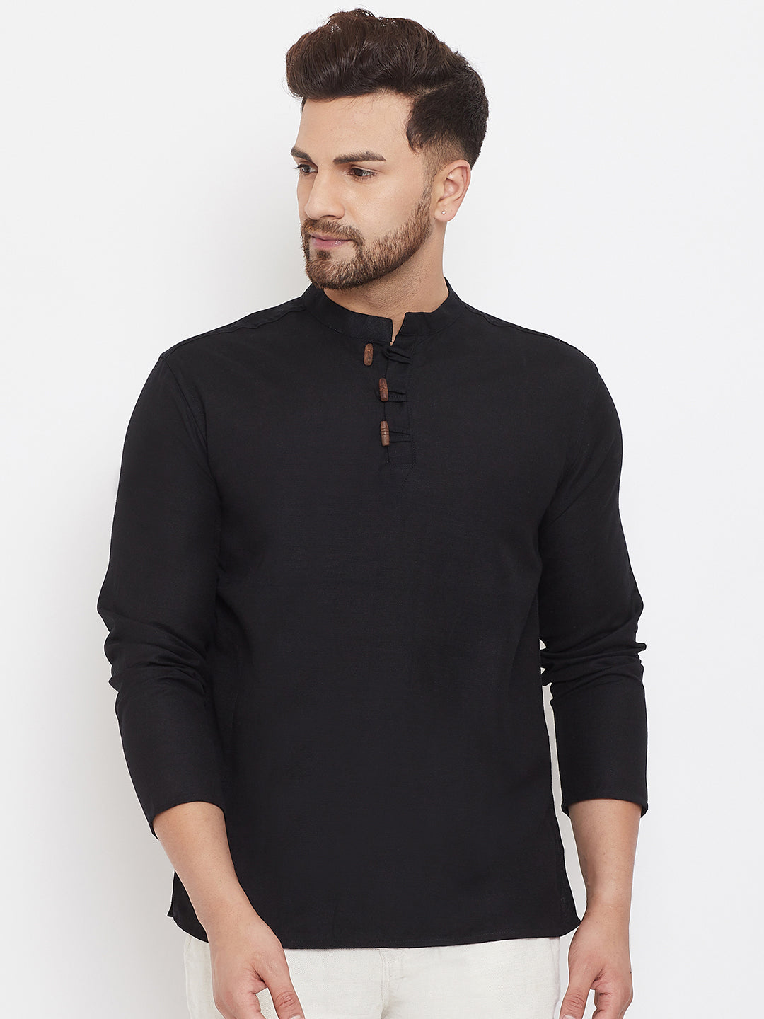Men's Black Button Placket Shirt Kurta - Even Apparels