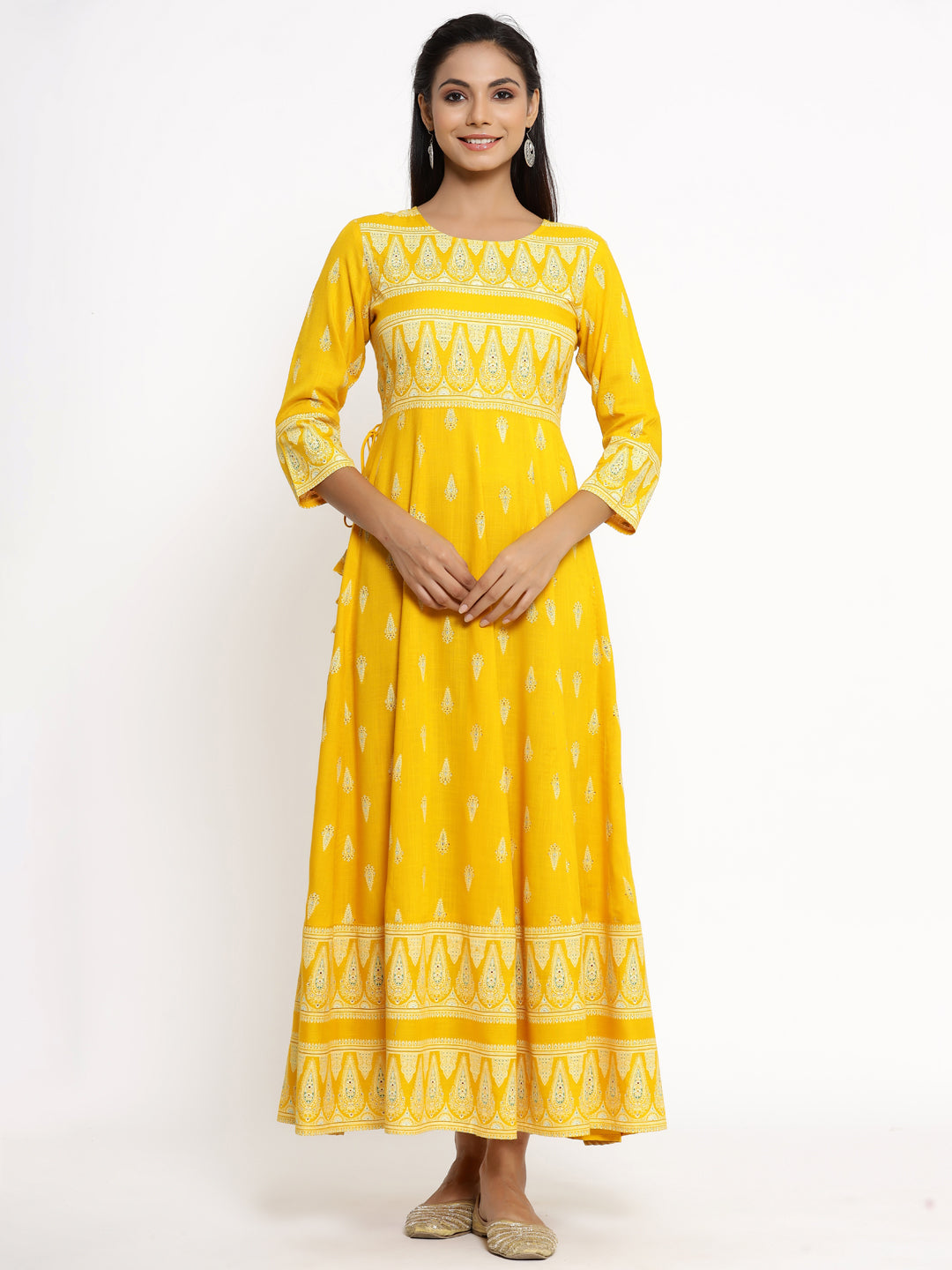 Women's Self Desgin Rayon Fabric Anarkali Yellow Color - Kipek