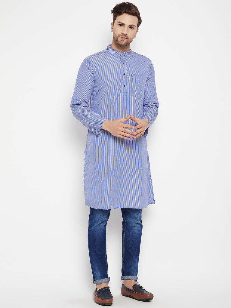 Men's Blue Color Long Kurta with Band Collar