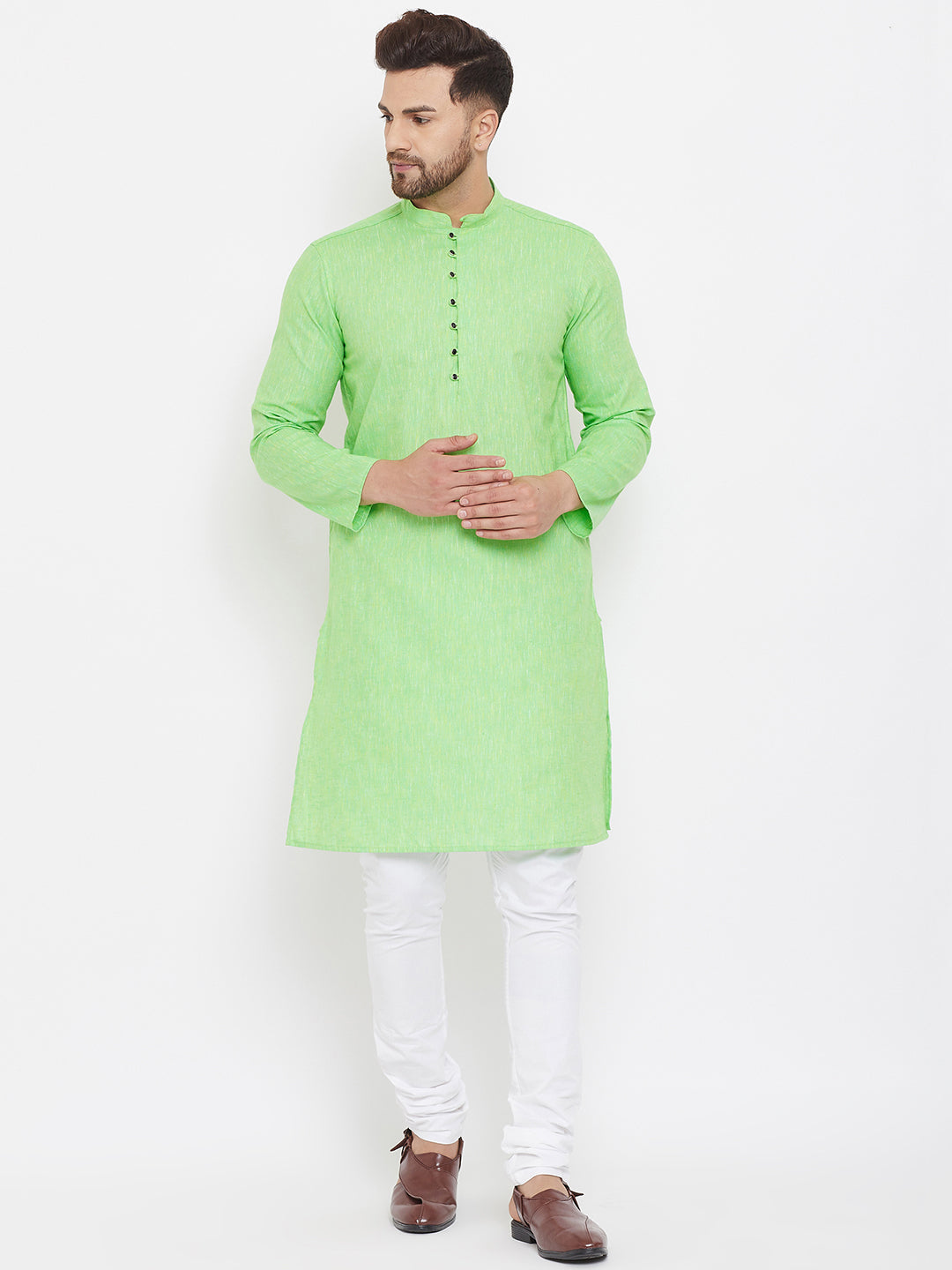 Men's Solid Green Placket Detail Cotton Kurta