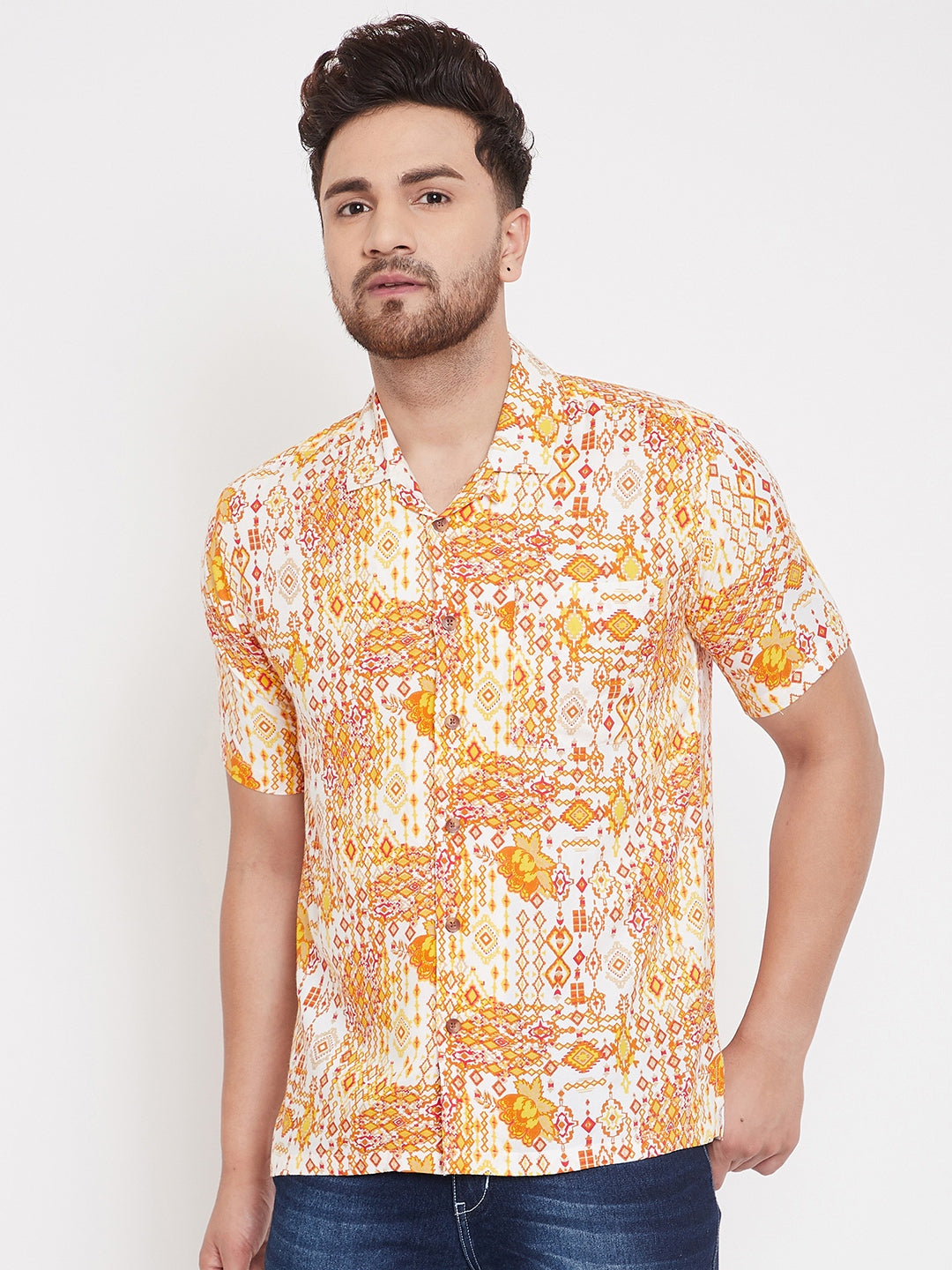 Men's Orange Summer Cuban Collar Shirt