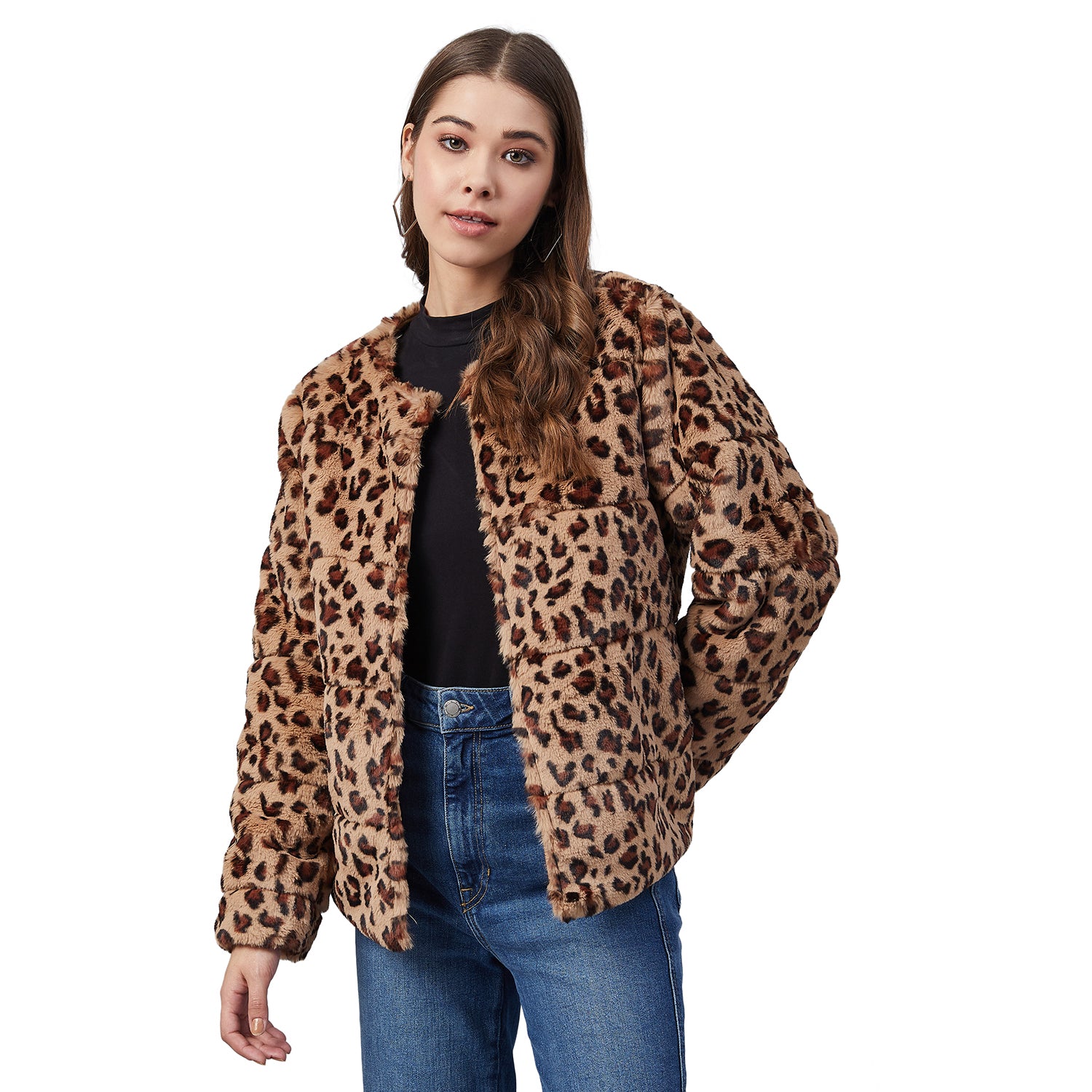 Women's Animal Print Faux Fur Open Jacket - StyleStone