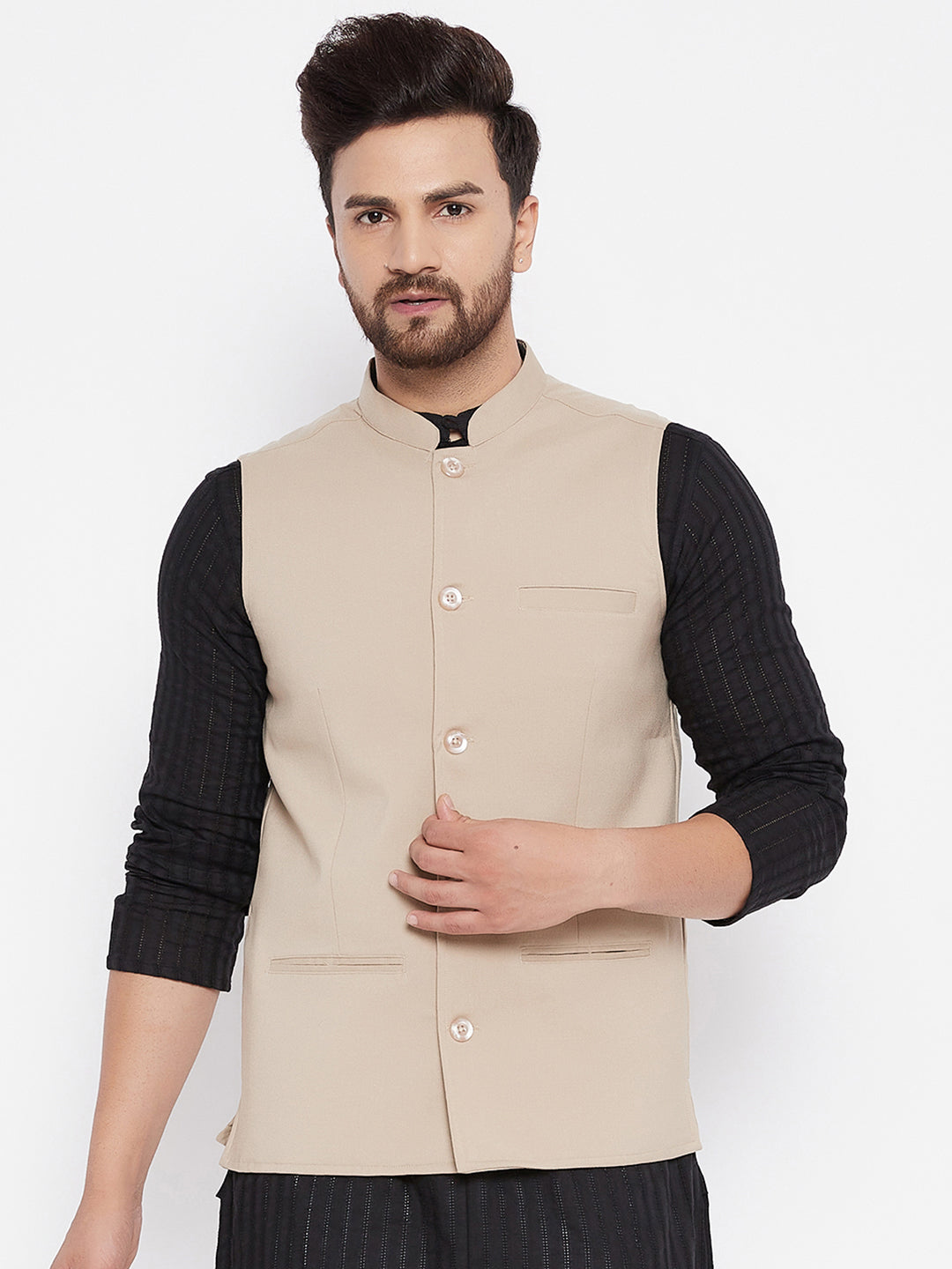 Men's Beige Woven Design Jacket - Even Apparels