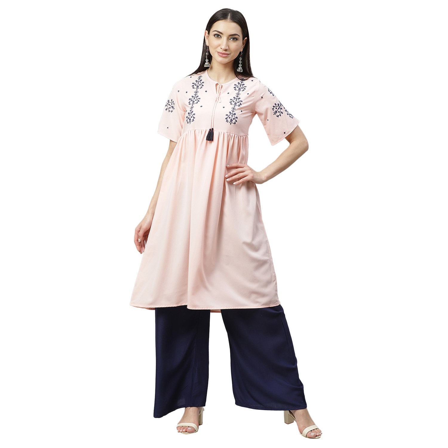 Women's Pink Ravera Crepe 100% Polyester Printed Half Sleeve Round Neck Casual Kurta Only - Myshka