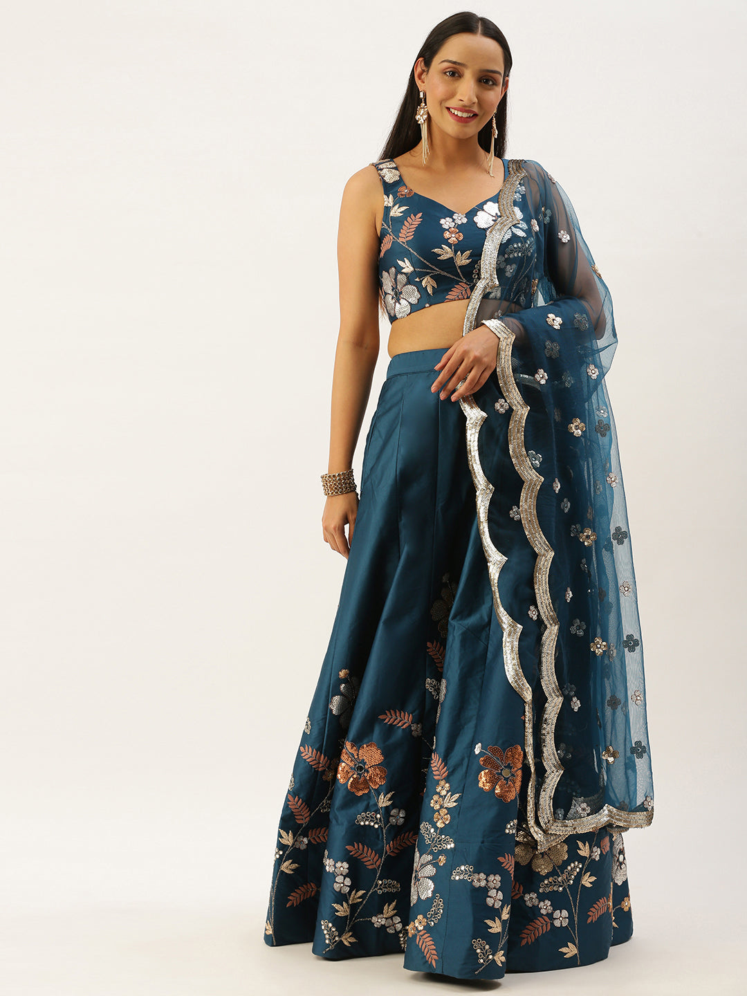 Women's Tealâ - Satin Silk Embroidered Fully Stitched Lehenga - Royal Dwells
