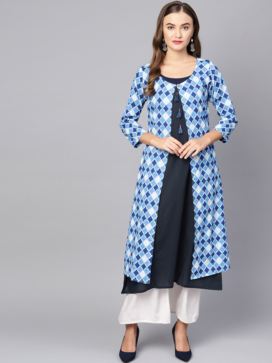 Women's Blue Cotton Printed Full Sleeve Round Neck Casual Kurta Only - Myshka