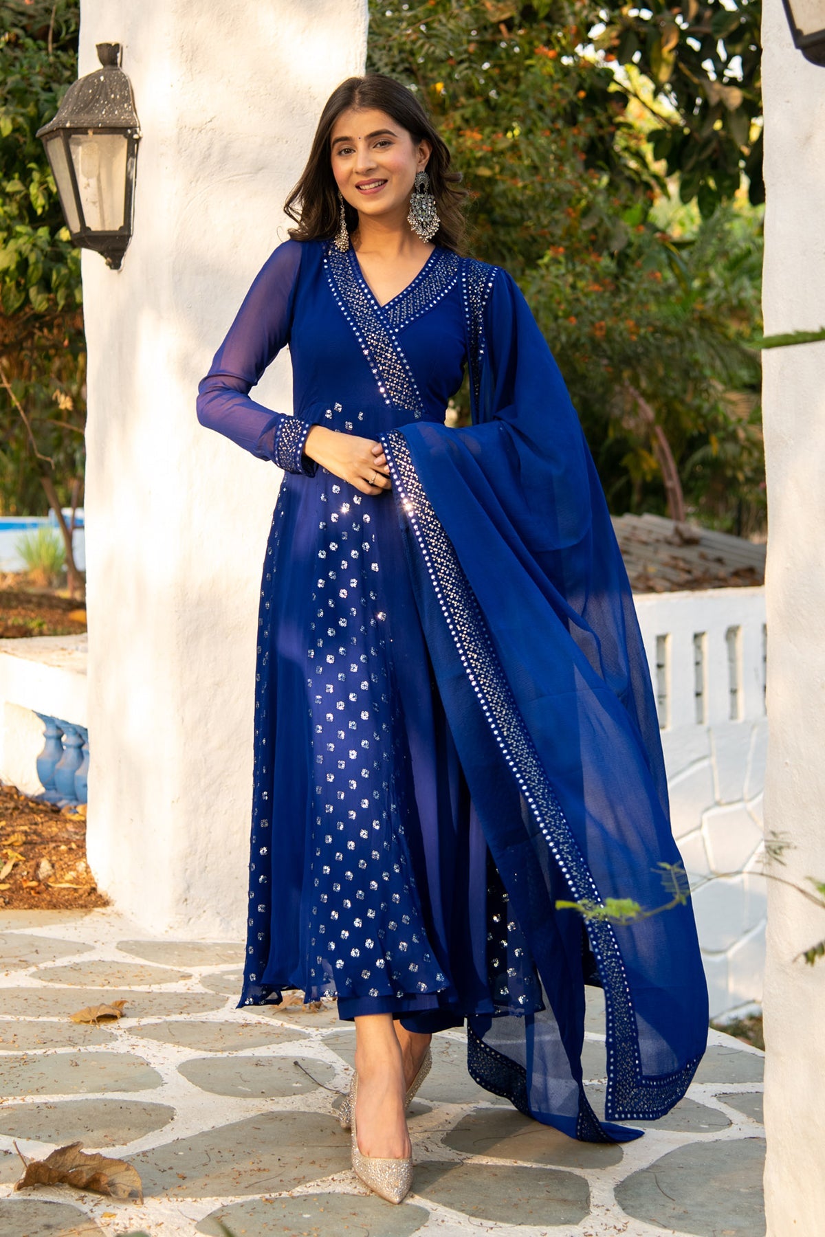 Women's Royal Blue Mirron Sequin Alternate Anarkali Set