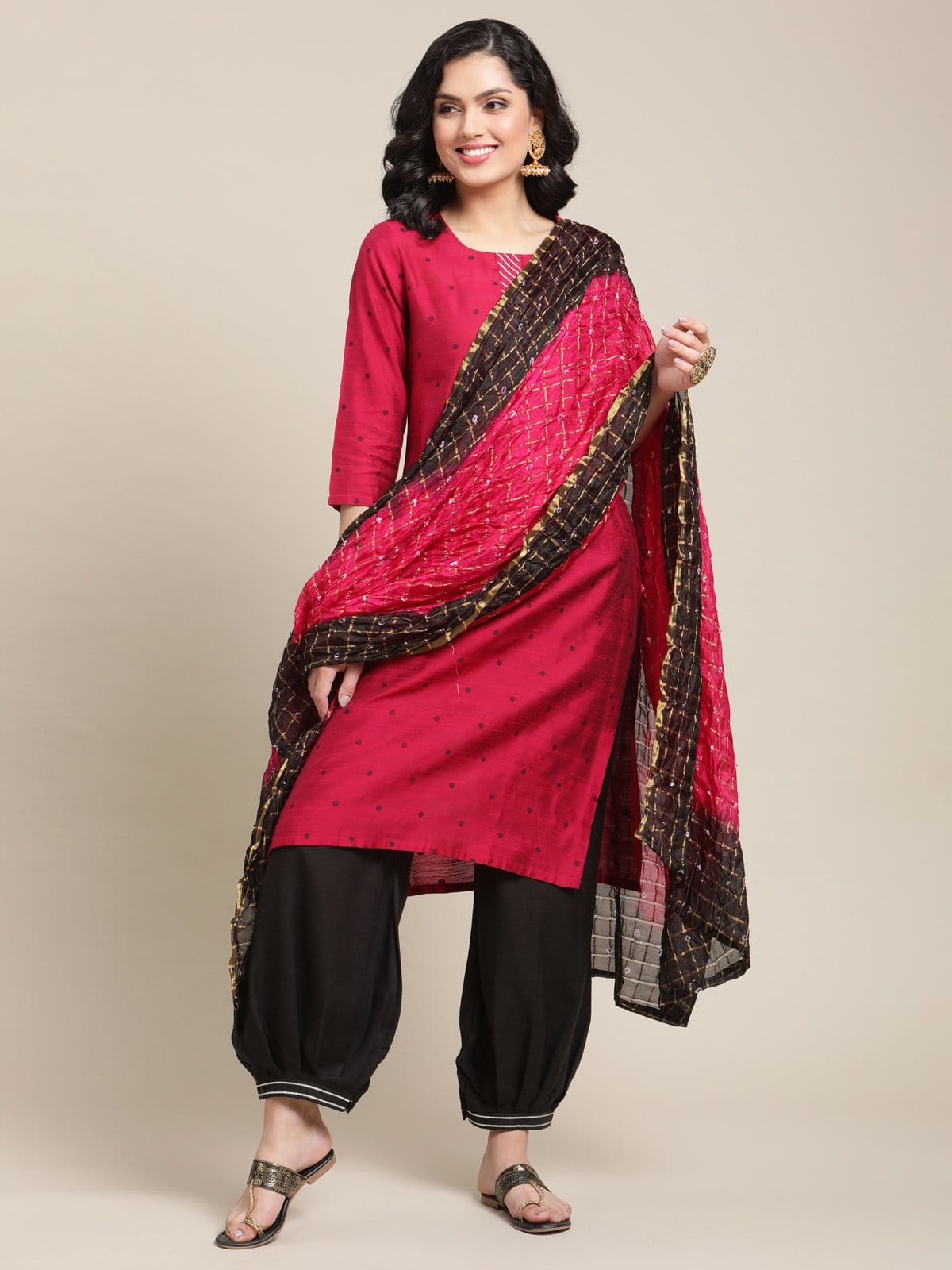 Women's Wine And Black Jaquard Woven Gota Embellished Kurta Dhoti Set With Silk Bandhej Dupatta - Varanga