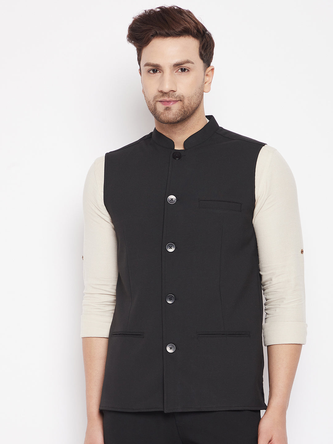 Men's Black Color Woven Nehru Jacket - Even Apparels