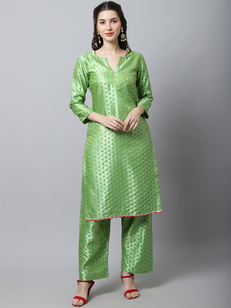 Women's Sahiba Green Brocade Straight Kurti With Straight Palazzo