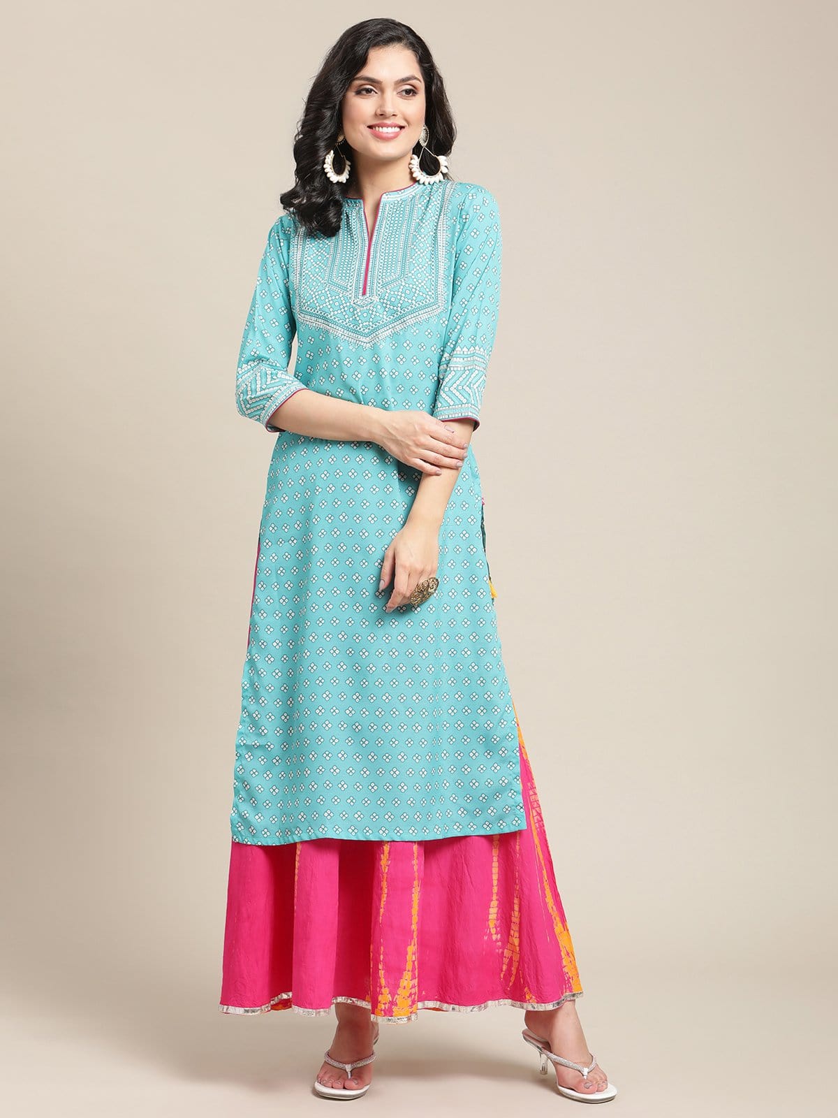Women's Turquoise Bandhej Printed Kurta With Gota Embellished Yoke - Varanga