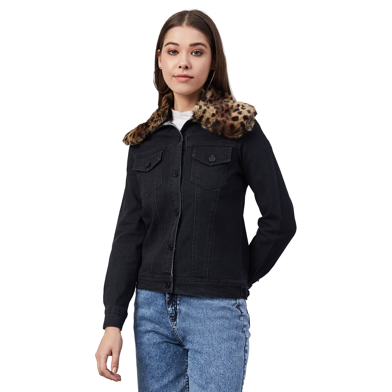 Women's Black Denim Jacket with Detachable Animal Fur Collar – Trendia