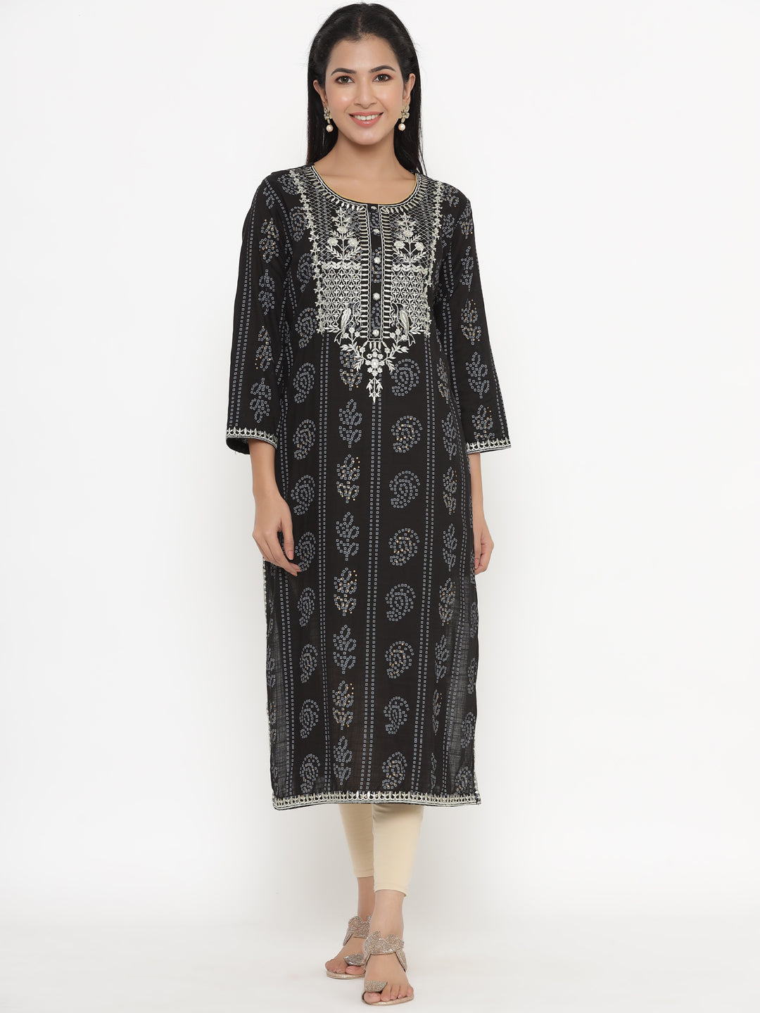 Women's Self Desgin Rayon Fabric Straight Kurta Black Color - Kipek