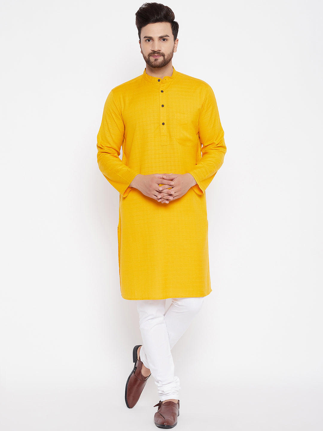 Men's Woven Design Yellow Straight  Kurta - Even Apparels
