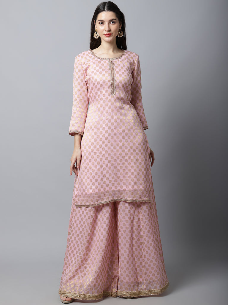 Women's Baby Pink Straight Banarasi Kurti With Flared Palazzo