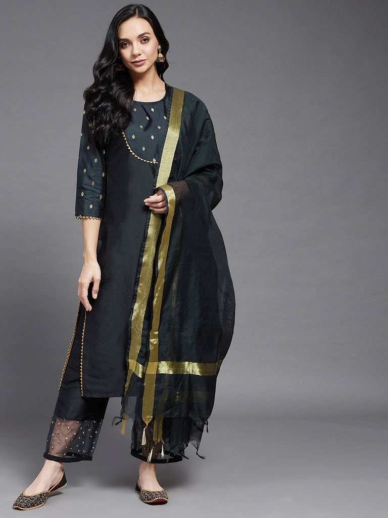 Women's Black Solid Side Slit Straight Kurta Palazzo And Dupatta Set