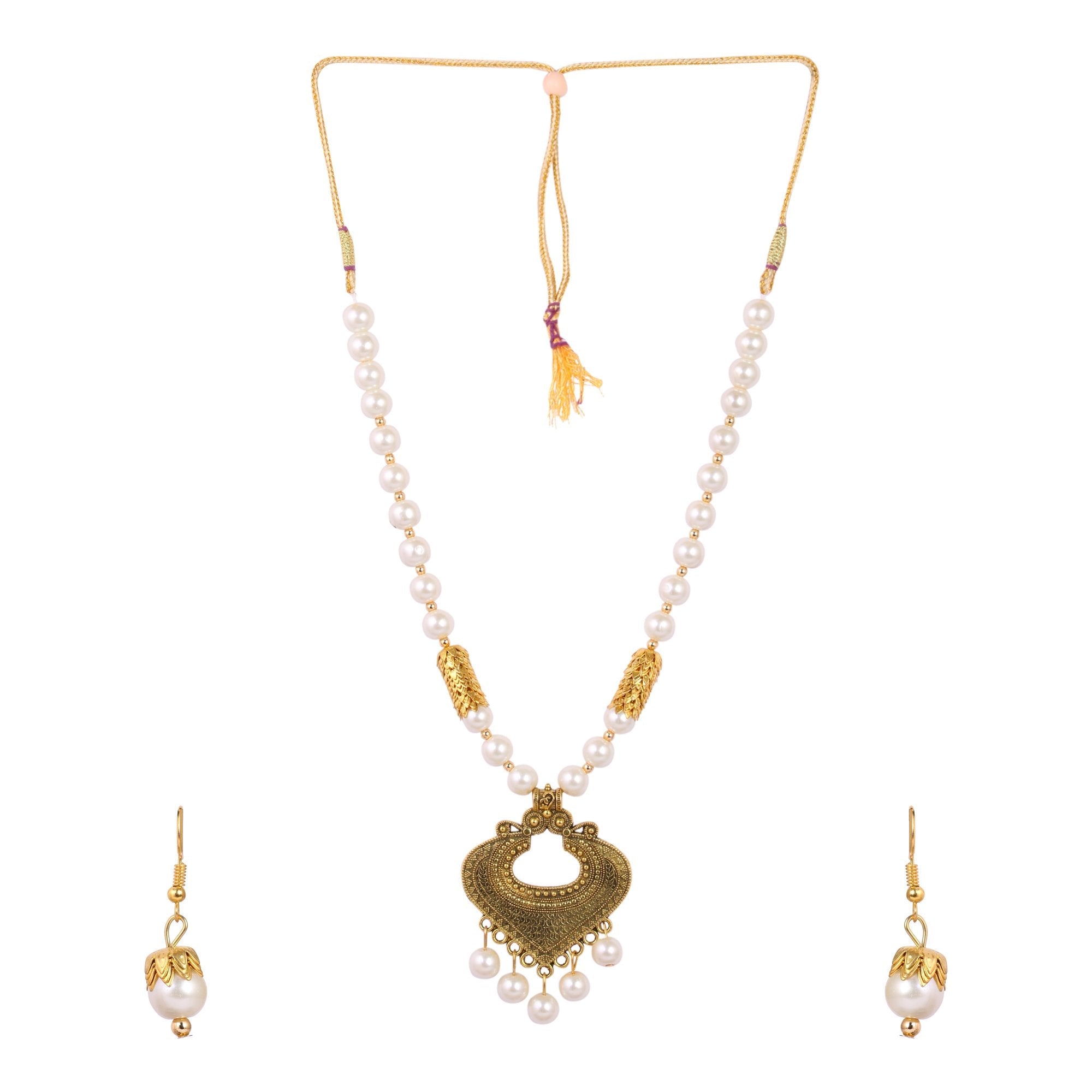 Women's Golden Plated Nacklace And Earrings With White Pearls - Tehzeeb