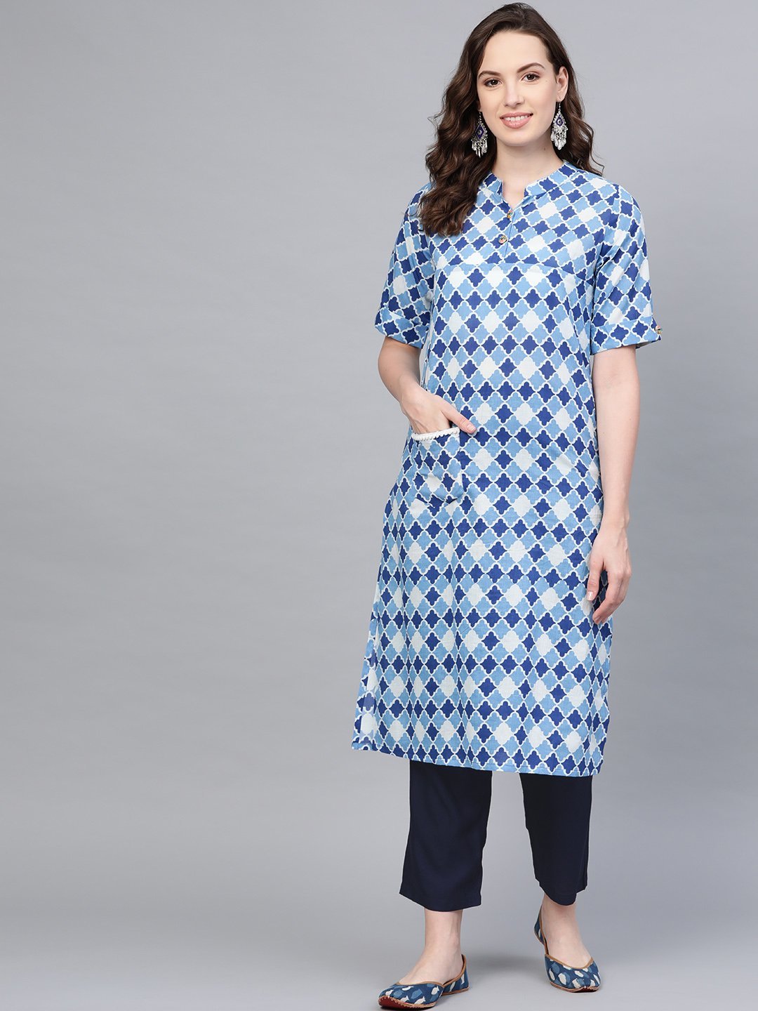 Women's Blue Cotton Solid Full Sleeve Round Neck Casual Kurta Pant Set - Myshka