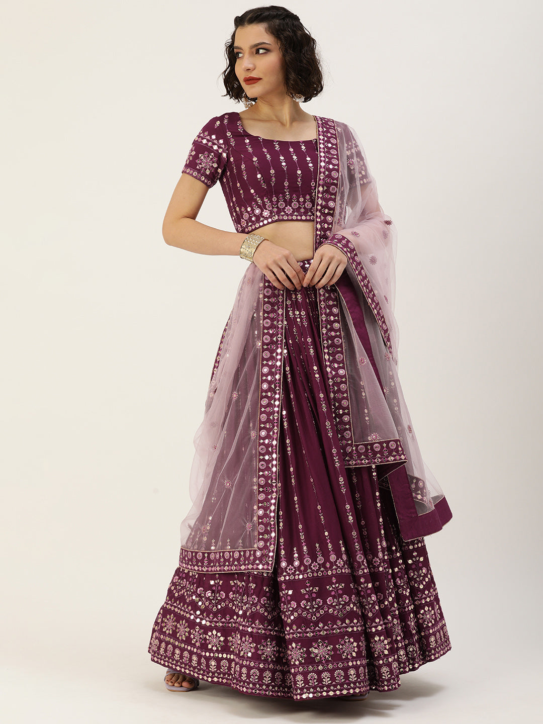 Women's Burgundy Pure Georgette Sequince Embroidered Lehenga & Blouse, Dupatta - Royal Dwells