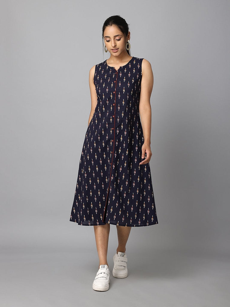 Women's Navy Blue Ikkat Printed A-Line Dress Having Pocket