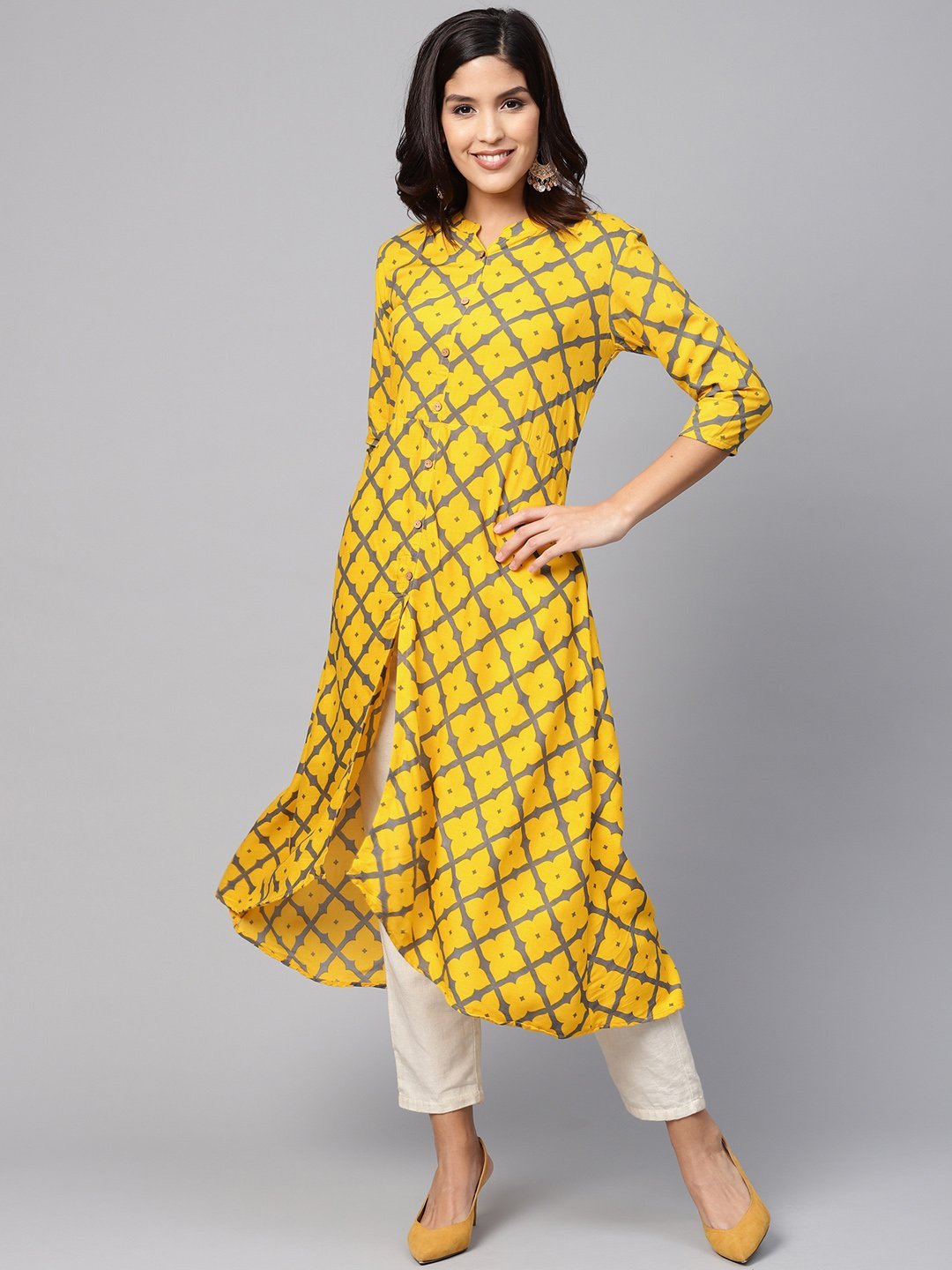 Women's Yellow Cotton Printed 3/4 Sleeve Coller Neck Dress - Myshka