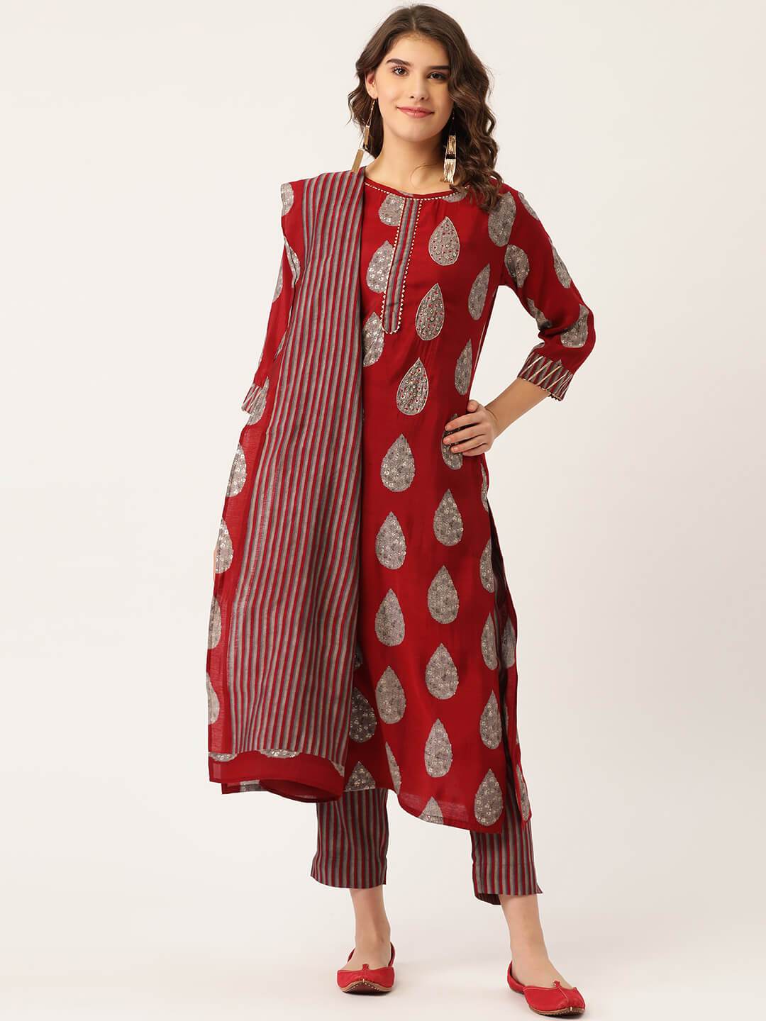 Women's Rayon Printed Suit Set with Adda Work & Dupatta - Maaesa