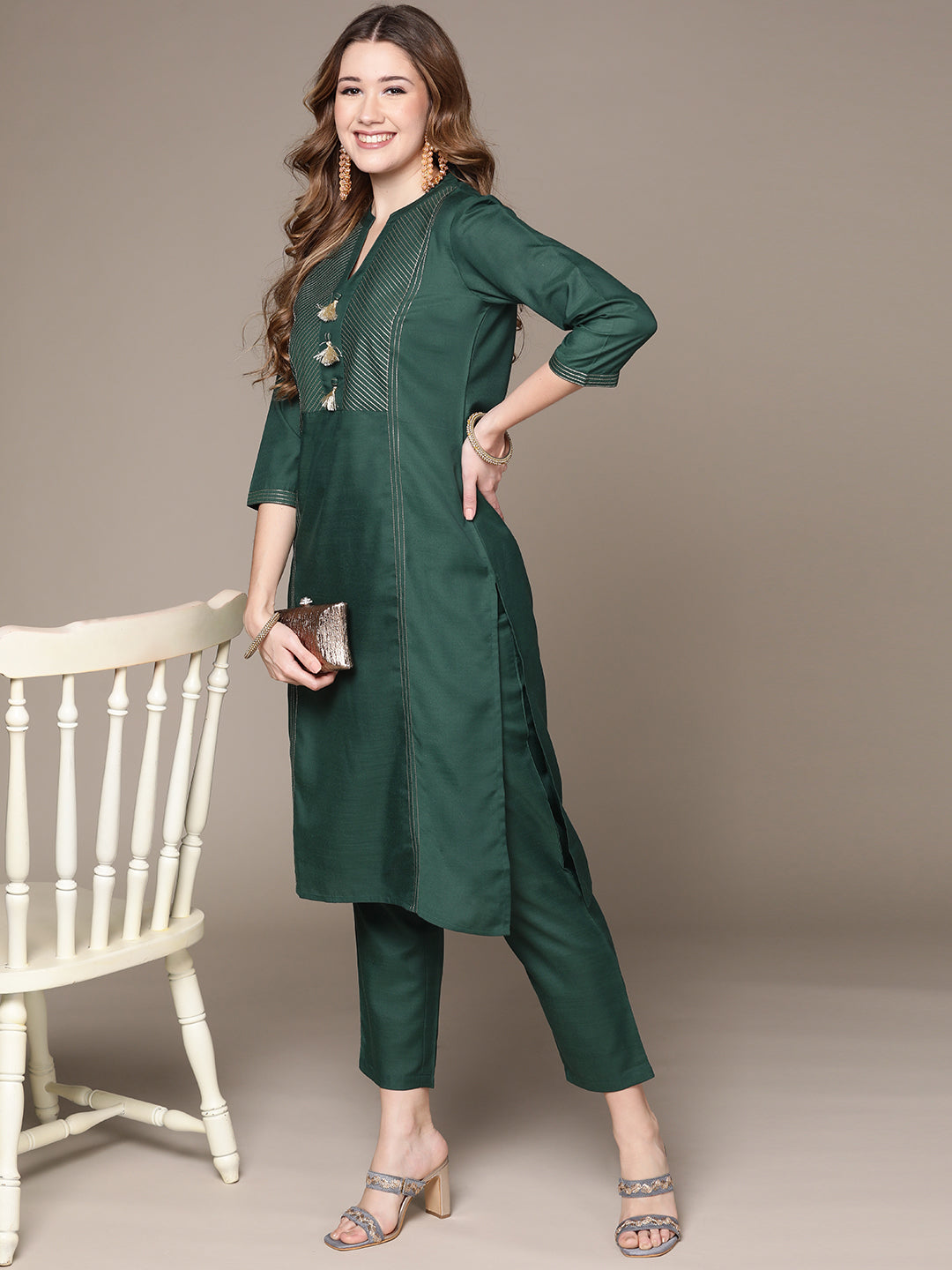 Women's Green Tasseled Cotton Silk Kurta set with Trousers