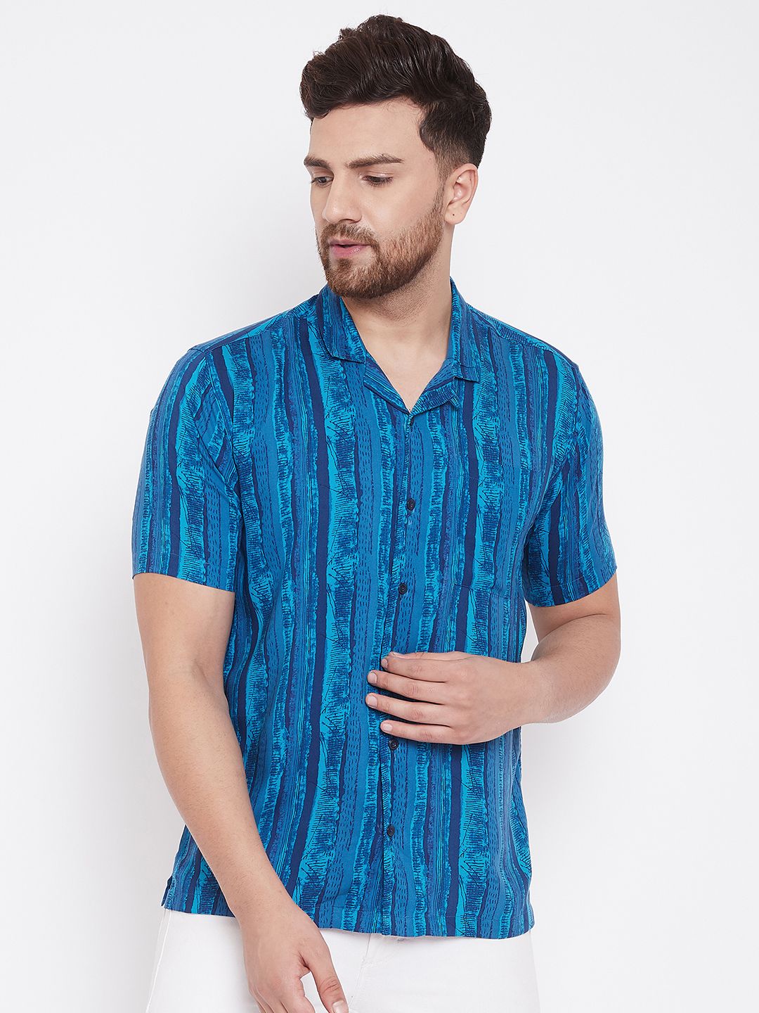 Men's Blue Summer Cuban Collar Shirt