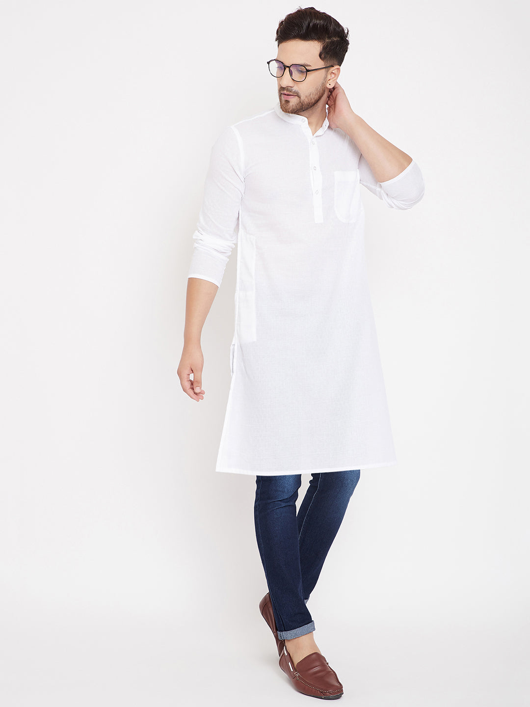 Men's Cotton White Solid Kurta