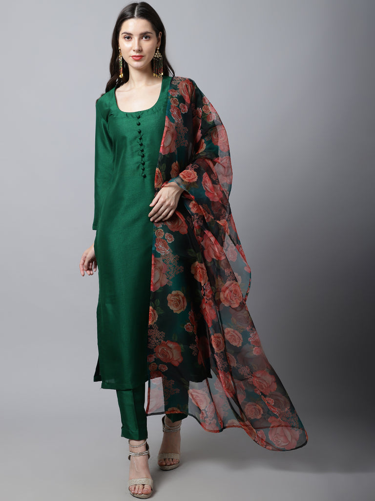 Women's Sizzling Green Kurti With Pants And Printed Dupatta