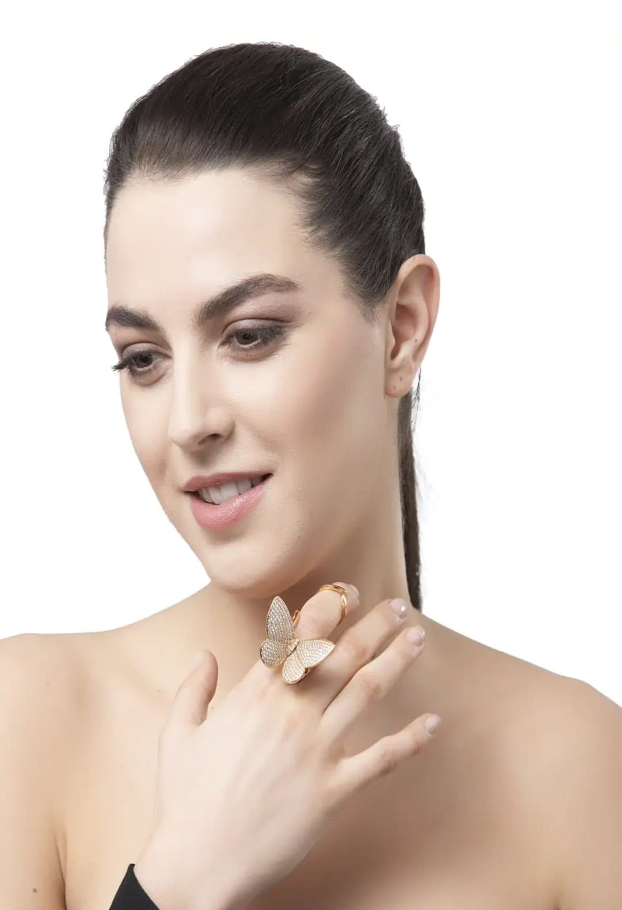 Women's American Diamond Gold-Plated Butterfly Ring - Kamal Johar