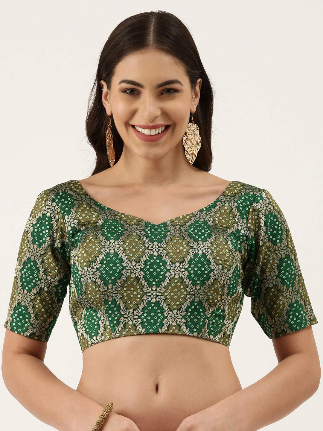 Women's Green Jacquard Bandhni Silk Blouse - Royal Dwells